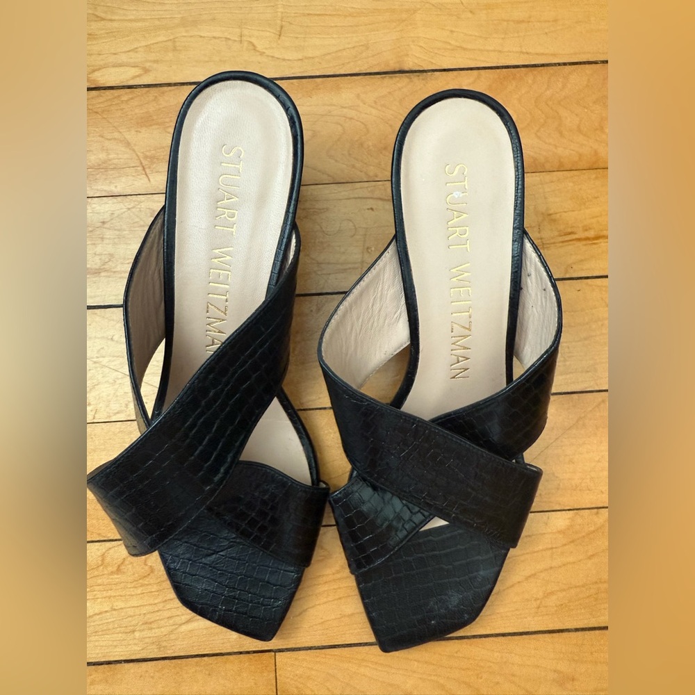 Stuart Weitzman Black Croc-Embossed Mules